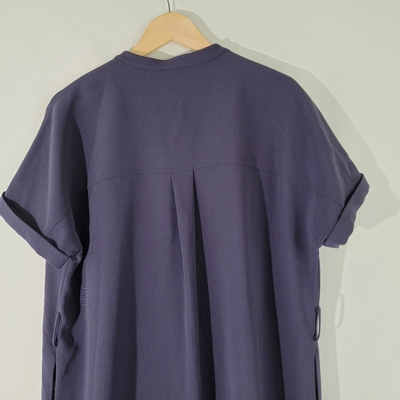 Theory Women Navy Shirt Dress Sz L Faux Silk Short Sleeve Midi Pocket High-Low - Picture 7 of 12